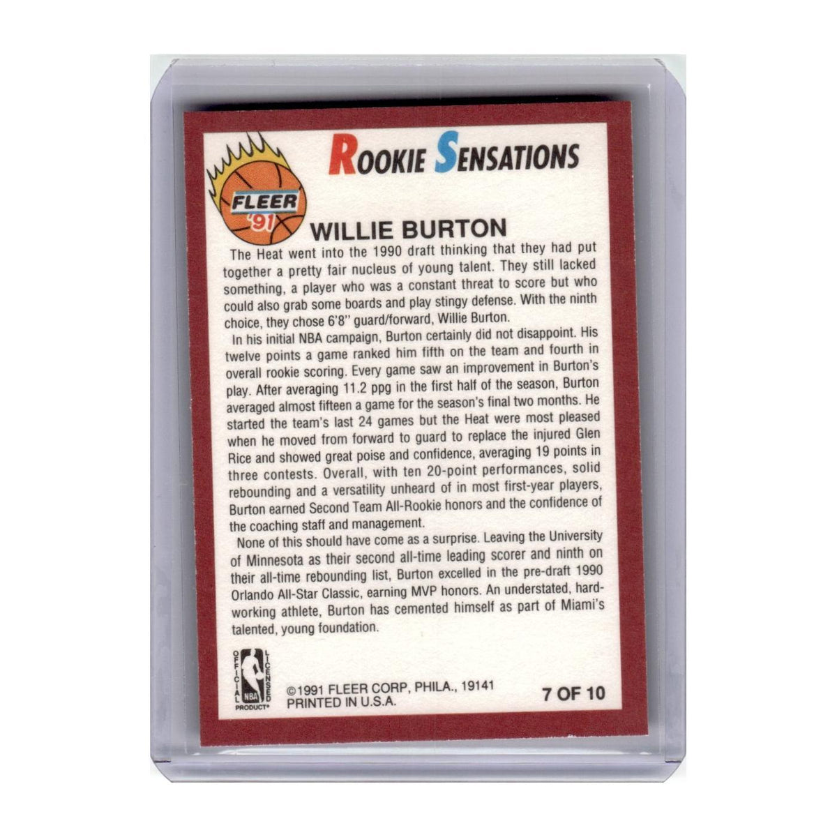 1991 Fleer Rookie Sensations Willie Burton Heat #7