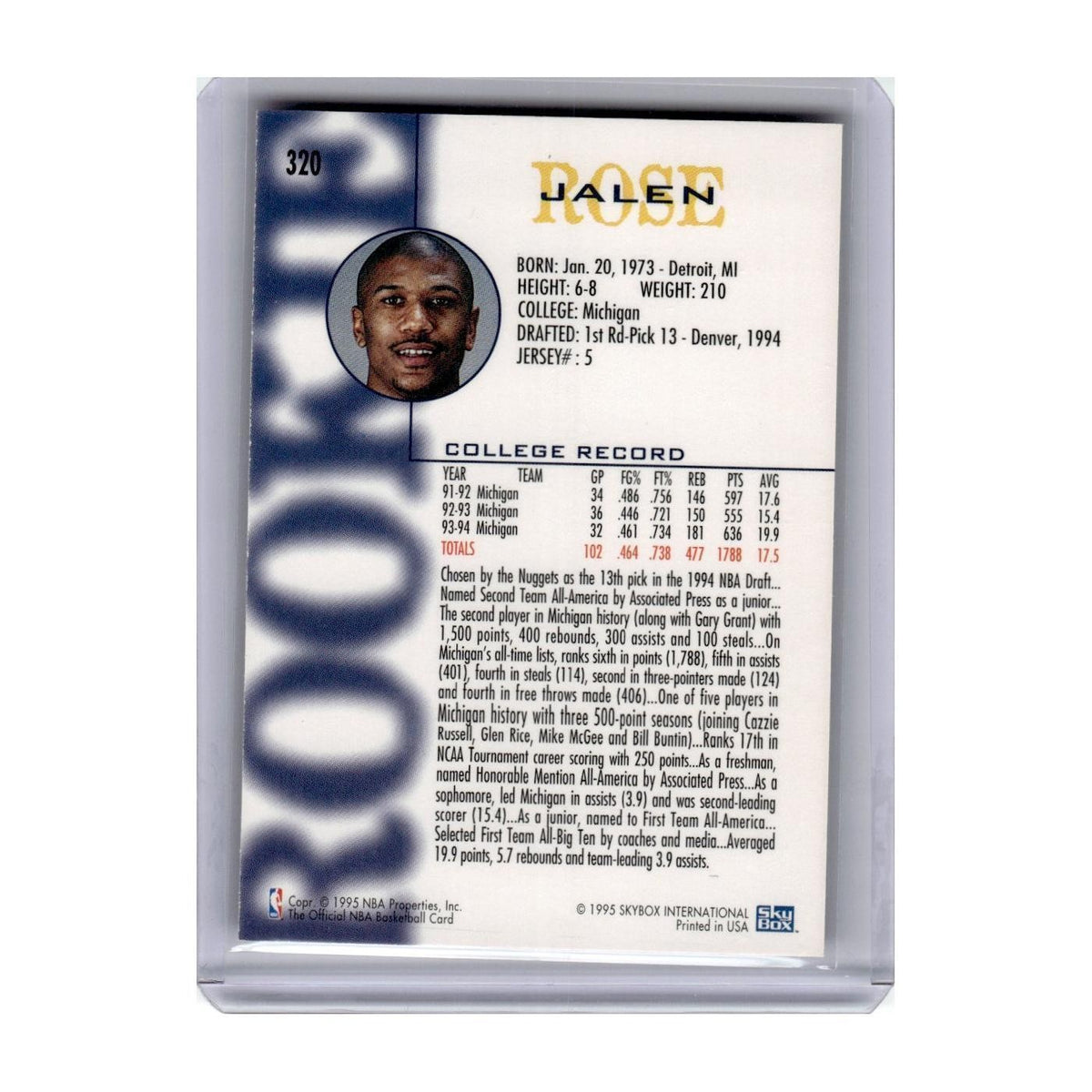 1994 Hoops Jalen Rose RC Nuggets #320