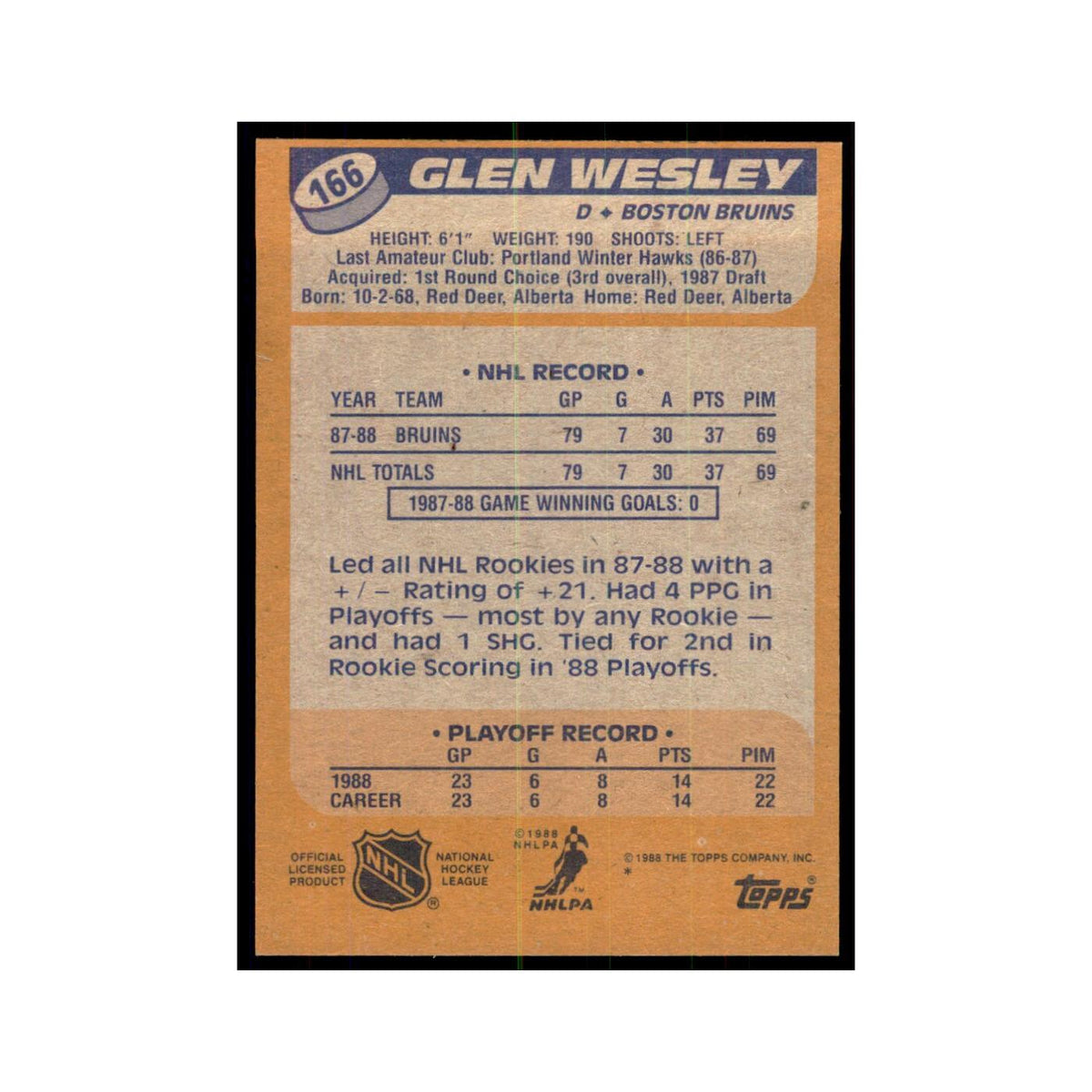 Glen Wesley Rookie 1988 Topps #166 Boston Bruins Hockey Card NM