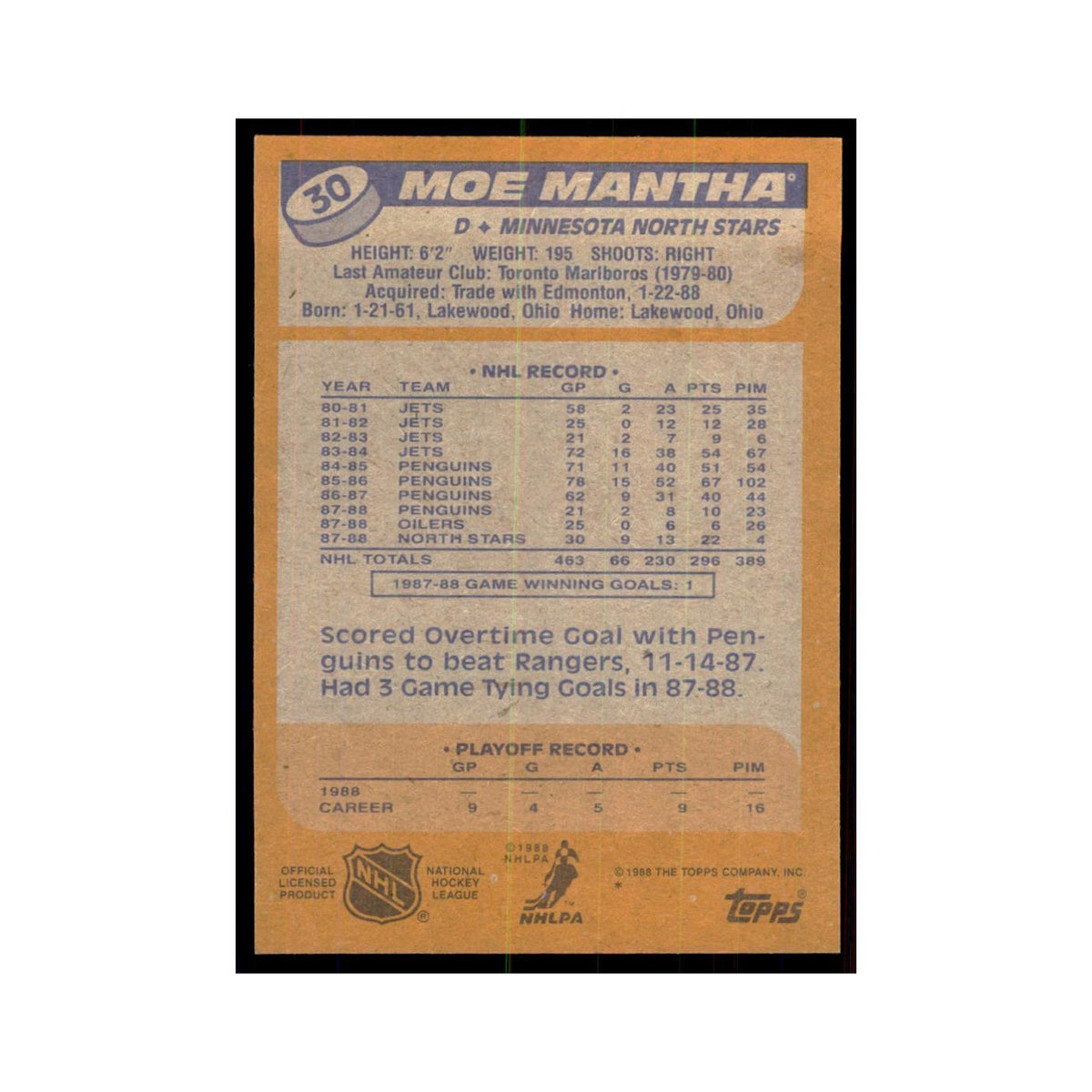 Moe Mantha 1988 Topps #30 Minnesota North Stars Hockey Card NM