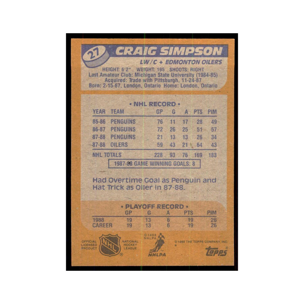 Craig Simpson 1988 Topps #27 Edmonton Oilers Hockey Card NM