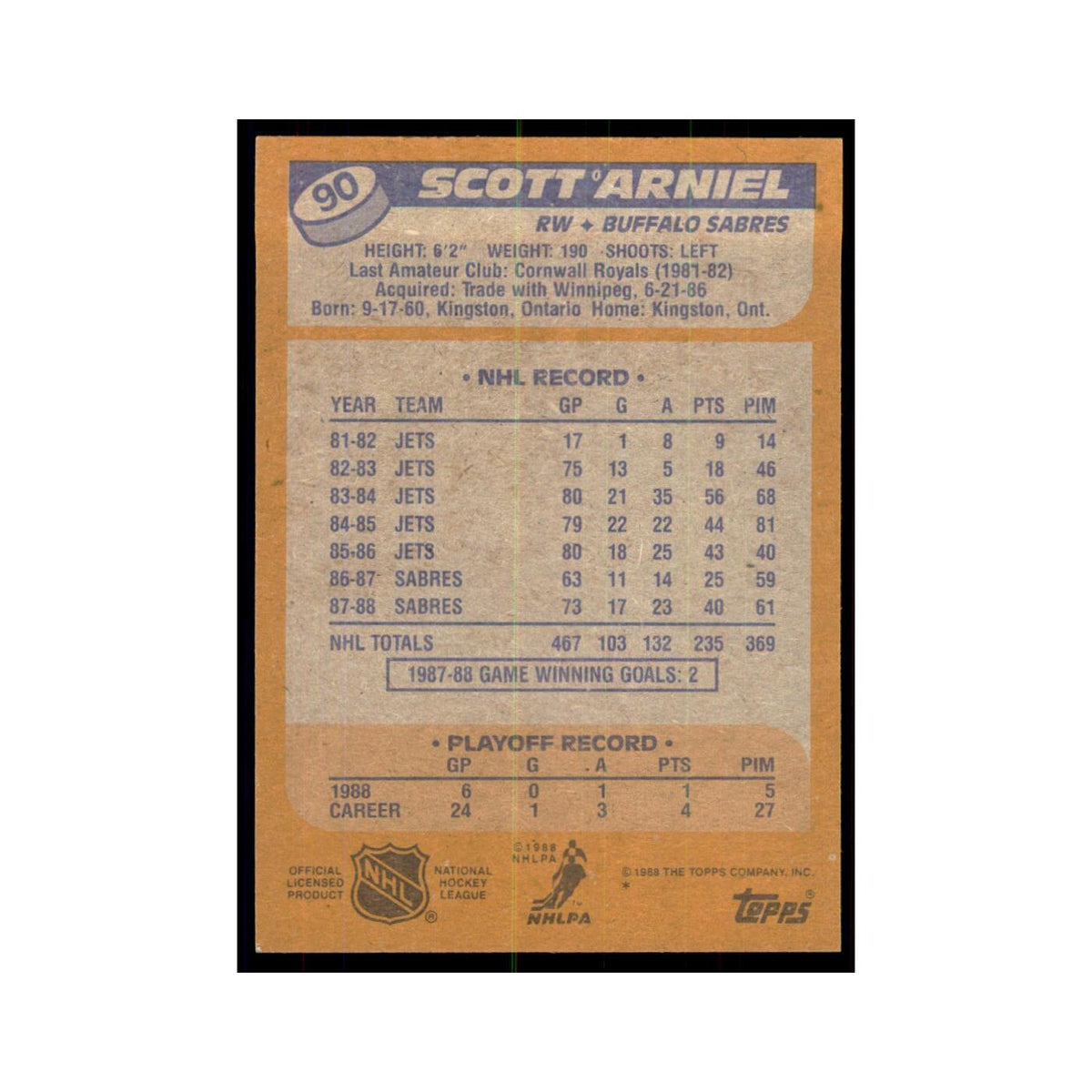 Scott Arniel 1988 Topps #90 Buffalo Sabres Hockey Card NM