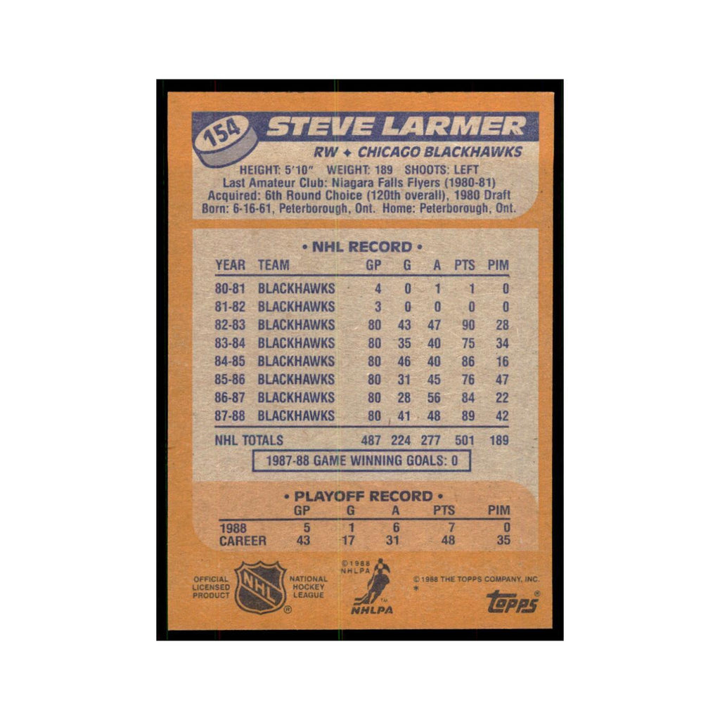 Steve Larmer 1988 Topps #154 Chicago Blackhawks Hockey Card NM