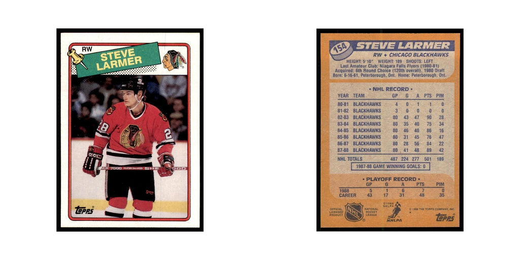 Steve Larmer 1988 Topps #154 Chicago Blackhawks Hockey Card NM