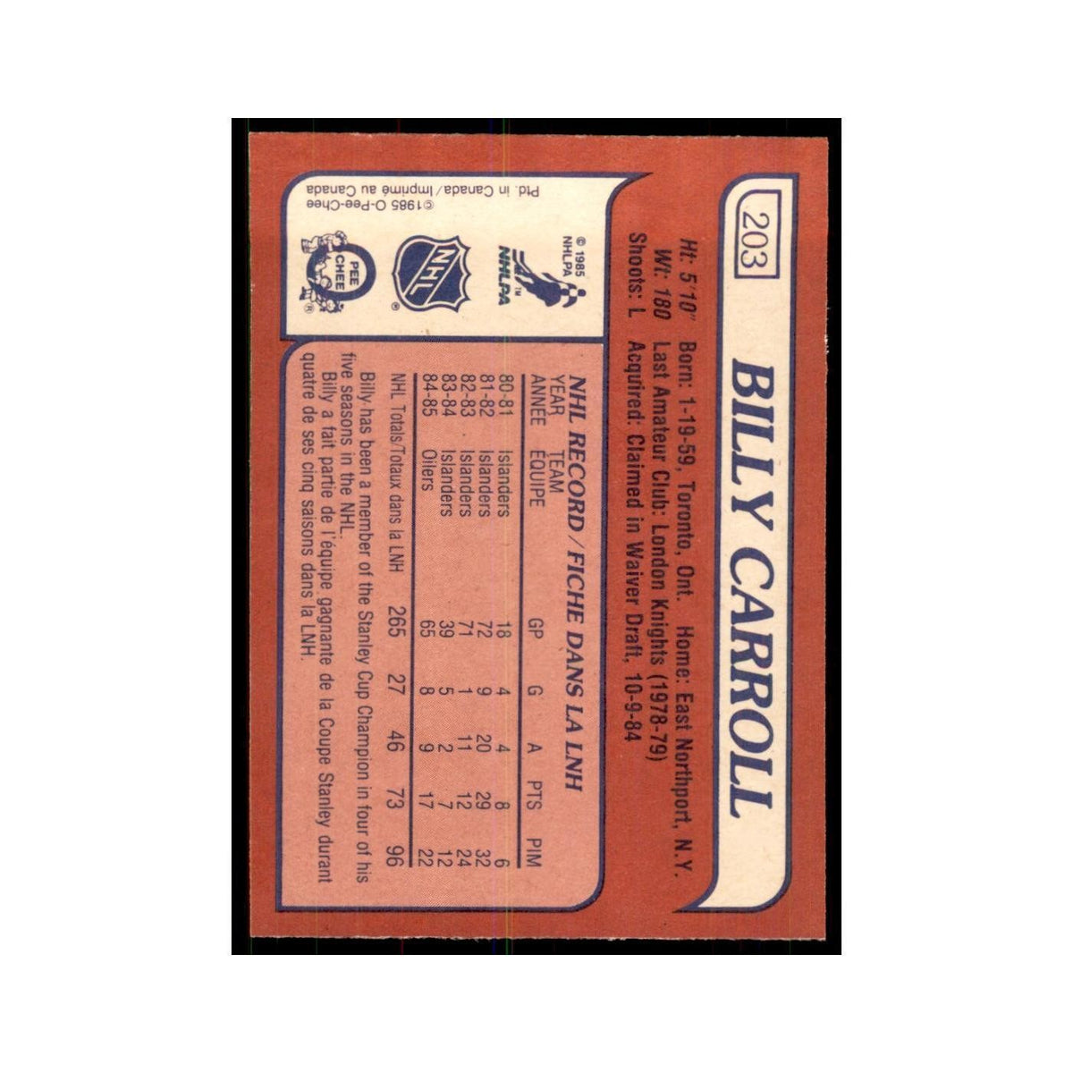 Billy Carroll 1985 O-Pee-Chee #203 Edmonton Oilers Hockey Card NM