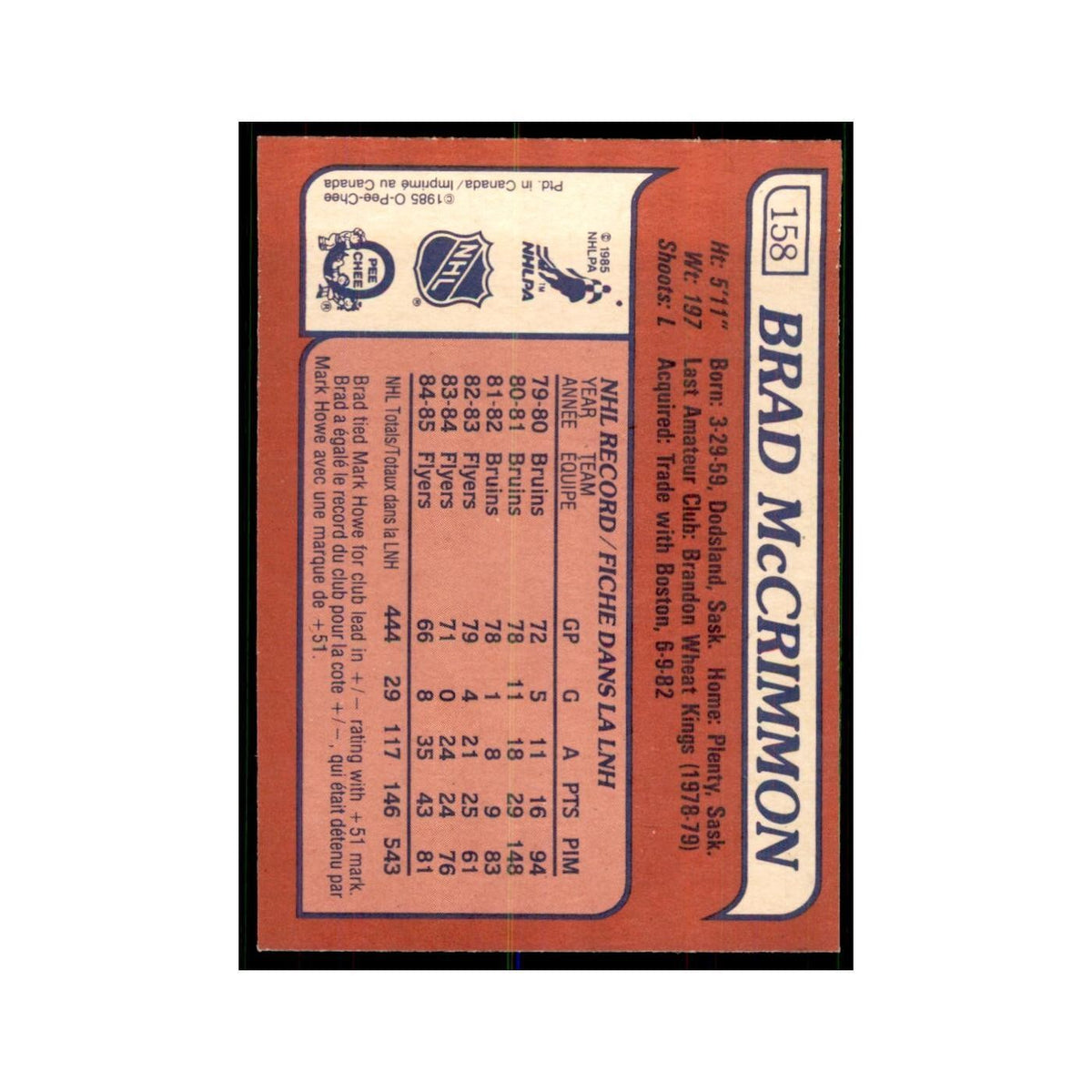 Brad McCrimmon 1985 O-Pee-Chee #158 Philadelphia Flyers Hockey Card NM