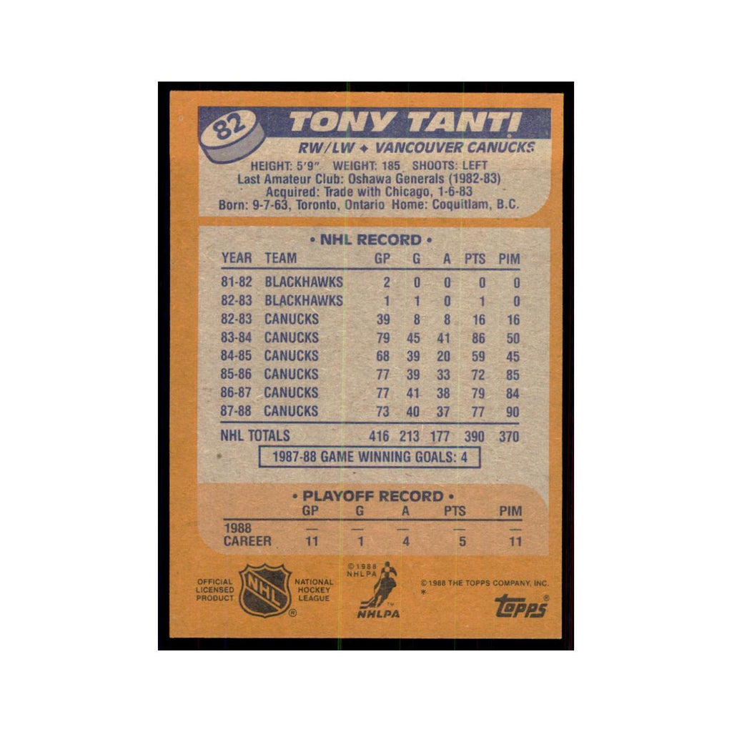 Tony Tanti 1988 Topps #82 Vancouver Canucks Hockey Card NM