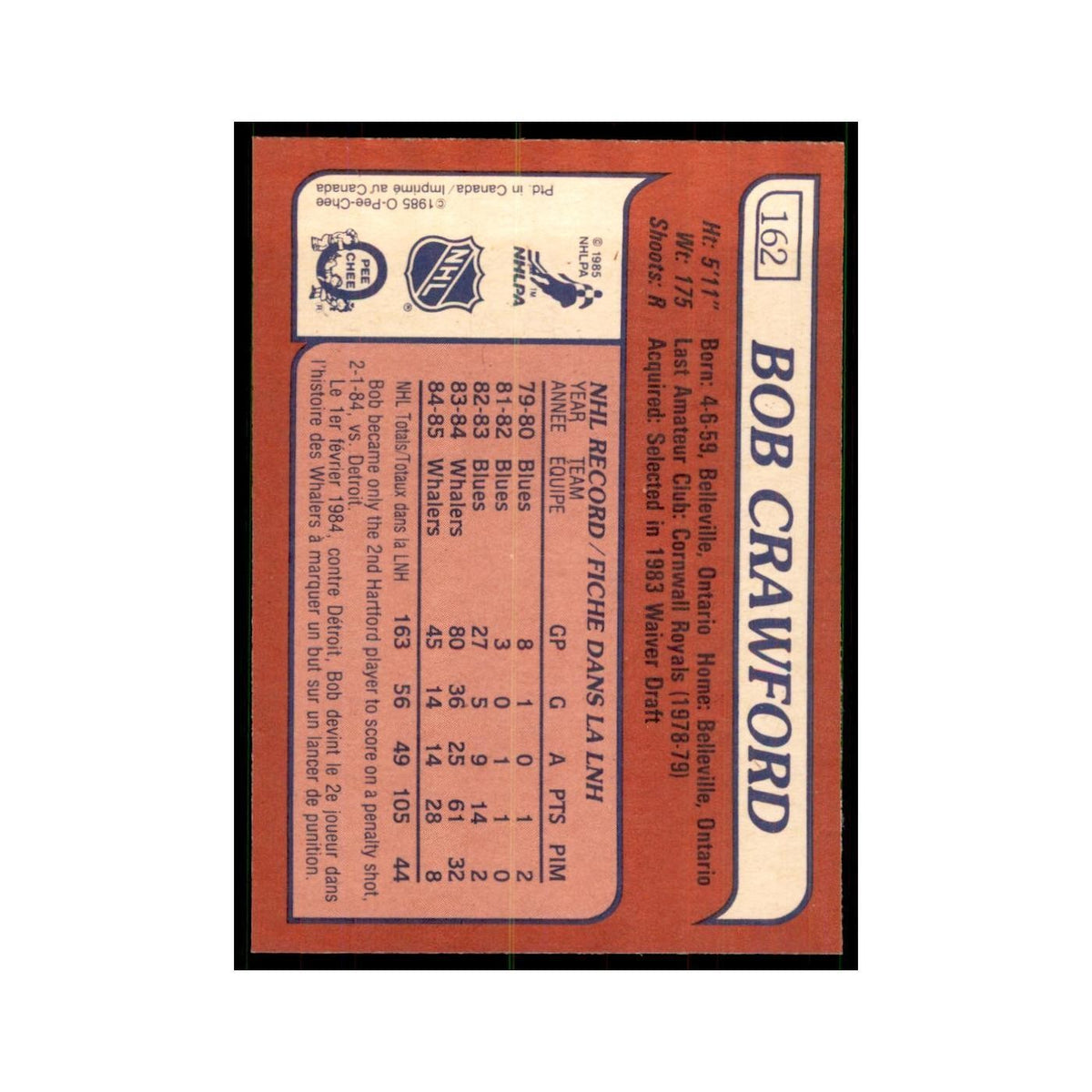 Bob Crawford 1985 O-Pee-Chee #162 Hartford Whalers Hockey Card NM