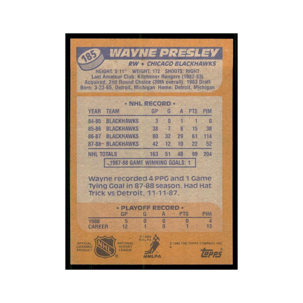 Wayne Presley 1988 Topps #185 Chicago Blackhawks Hockey Card NM