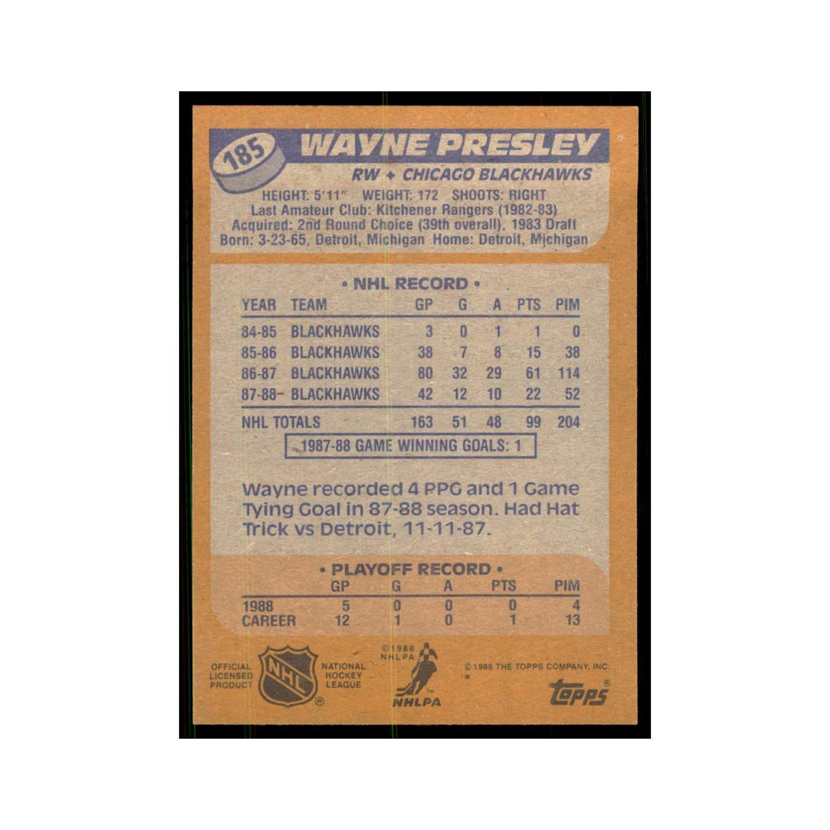 Wayne Presley 1988 Topps #185 Chicago Blackhawks Hockey Card NM