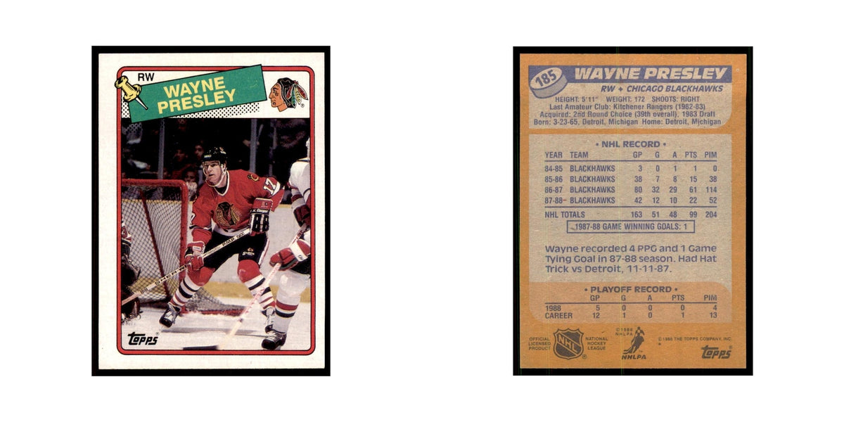 Wayne Presley 1988 Topps #185 Chicago Blackhawks Hockey Card NM