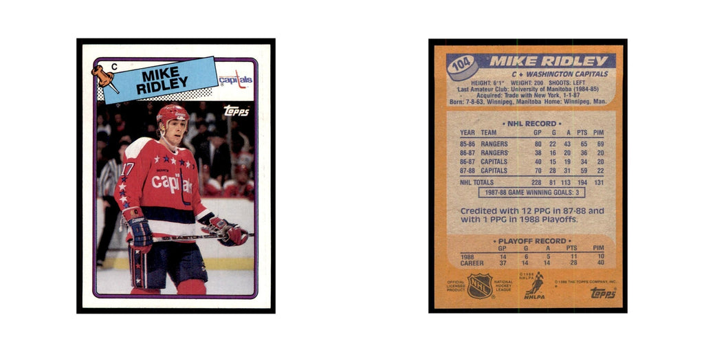 Mike Ridley 1988 Topps #104 Washington Capitals Hockey Card NM