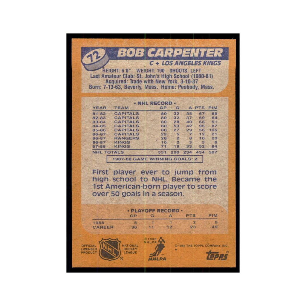 Bob Carpenter 1988 Topps #72 Los Angeles Kings Hockey Card NM