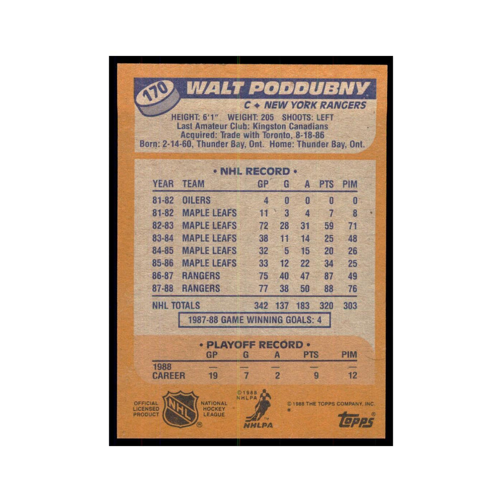Walt Poddubny 1988 Topps #170 Quebec Nordiques Hockey Card NM