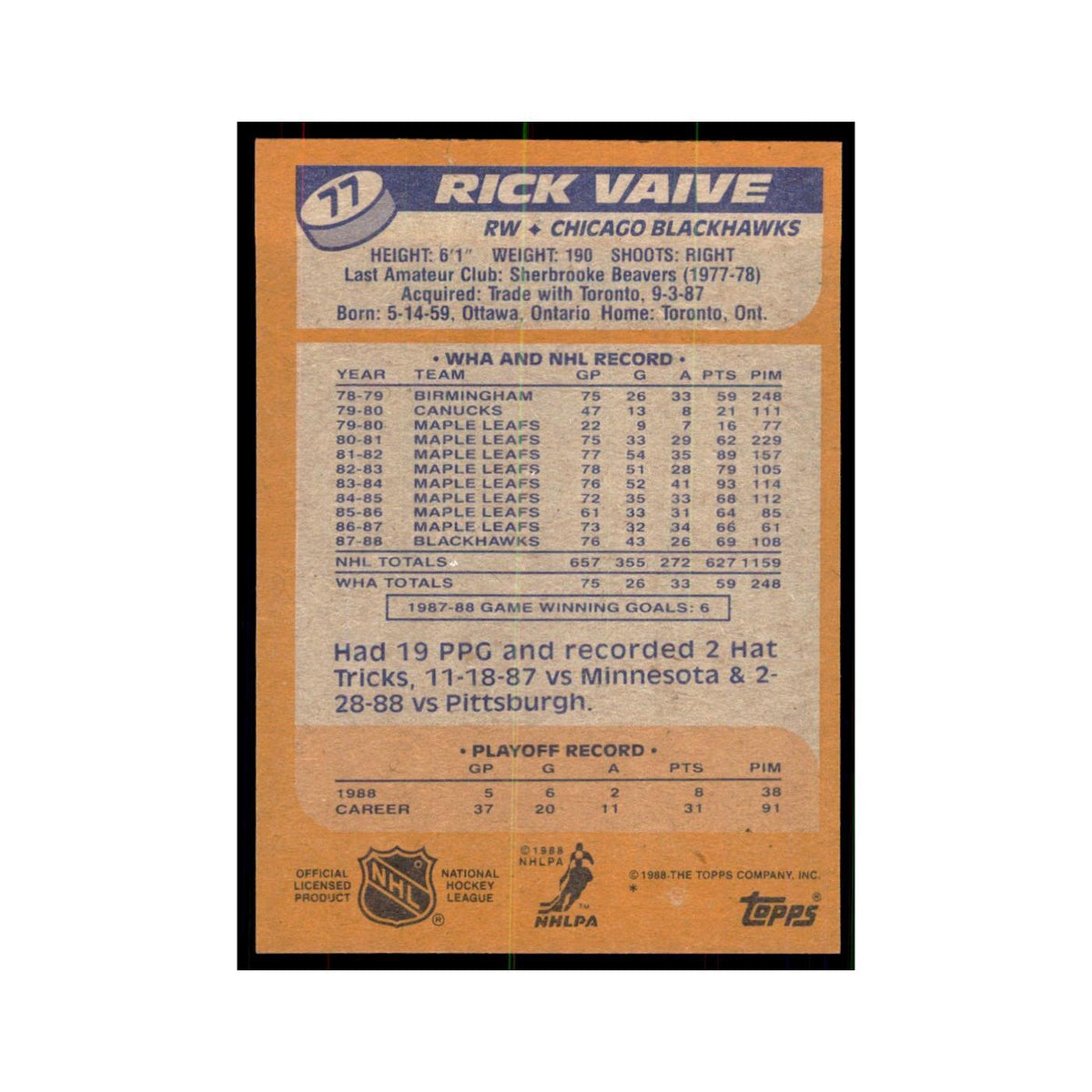 Rick Vaive 1988 Topps #77 Chicago Blackhawks Hockey Card NM
