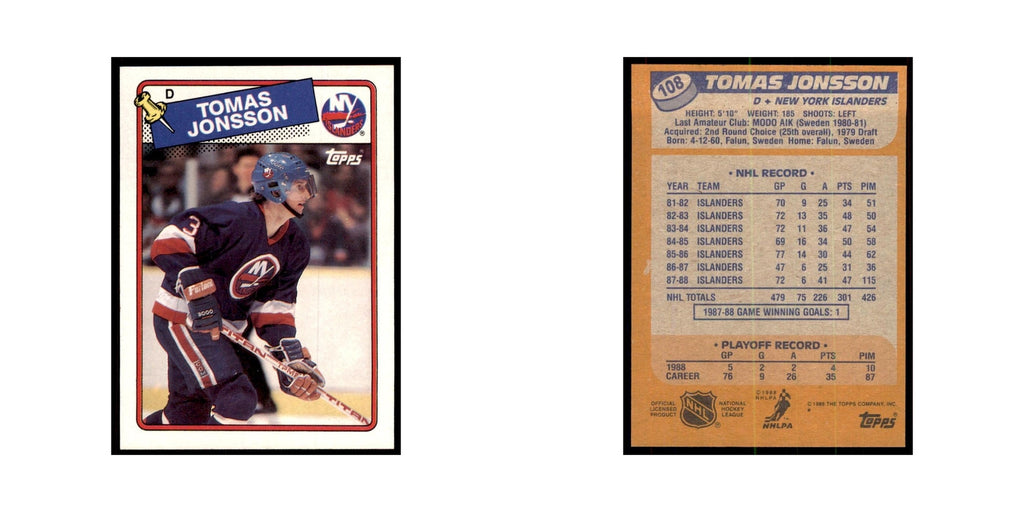 Tomas Jonsson 1988 Topps #108 New York Islanders Hockey Card NM