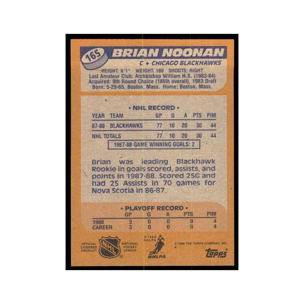 Brian Noonan Rookie 1988 Topps #165 Chicago Blackhawks Hockey Card NM