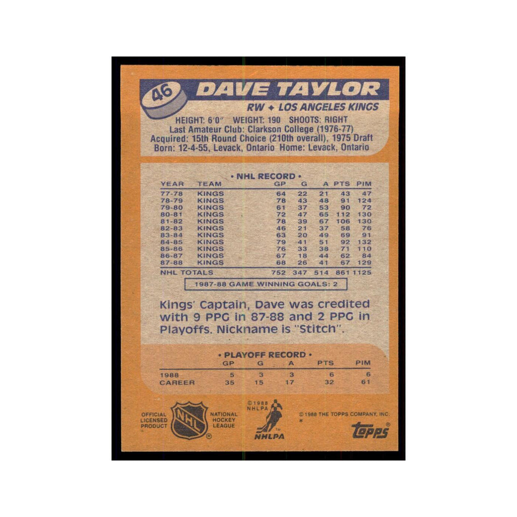 Dave Taylor 1988 Topps #46 Los Angeles Kings Hockey Card NM