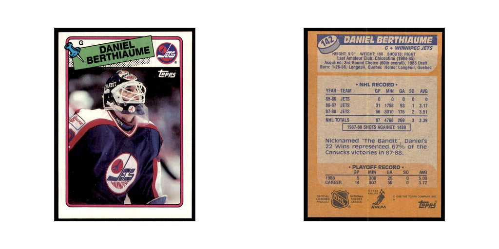 Daniel Berthiaume 1988 Topps #142 Winnipeg Jets Hockey Card NM