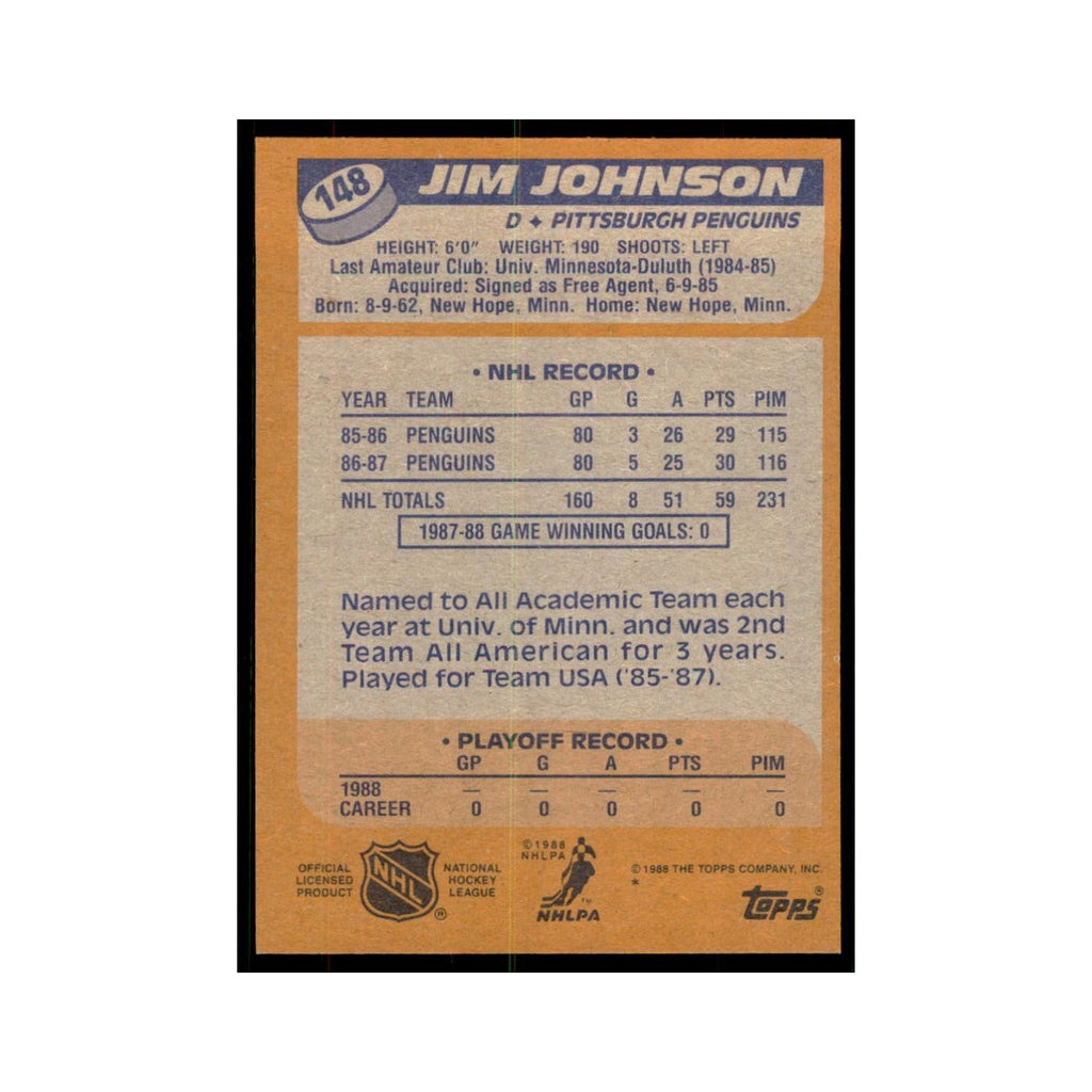 Jim Johnson 1988 Topps #148 Pittsburgh Penguins Hockey Card NM