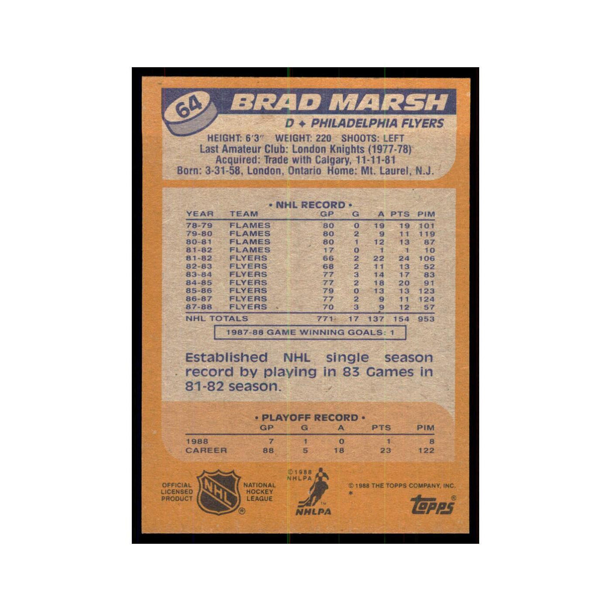 Brad Marsh 1988 Topps #64 Philadelphia Flyers Hockey Card NM
