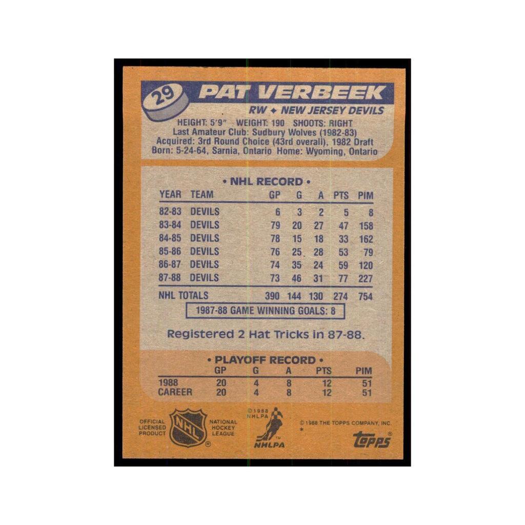 Pat Verbeek 1988 Topps #29 New Jersey Devils Hockey Card NM