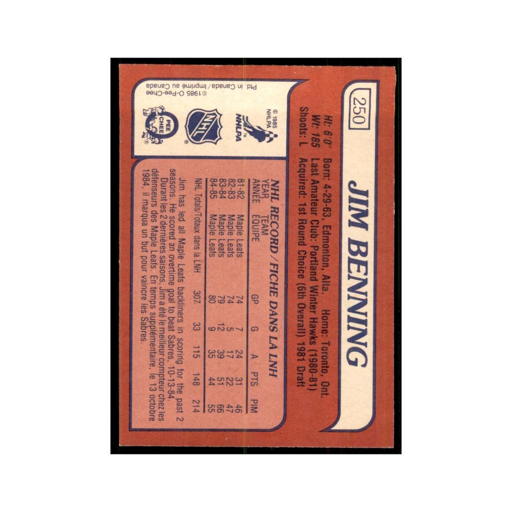 Jim Benning 1985 O-Pee-Chee #250 Toronto Maple Leafs Hockey Card NM