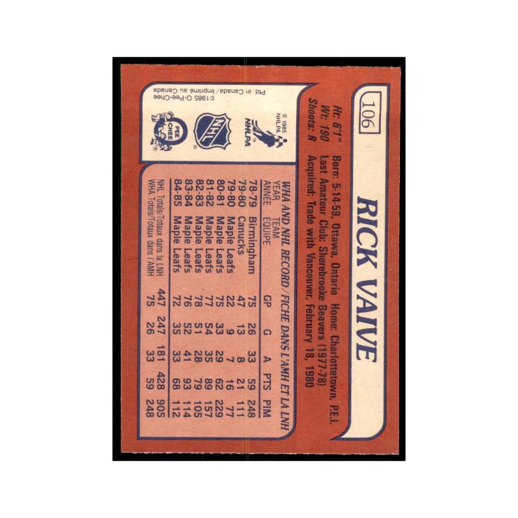 Rick Vaive 1985 O-Pee-Chee #106 Toronto Maple Leafs Hockey Card NM