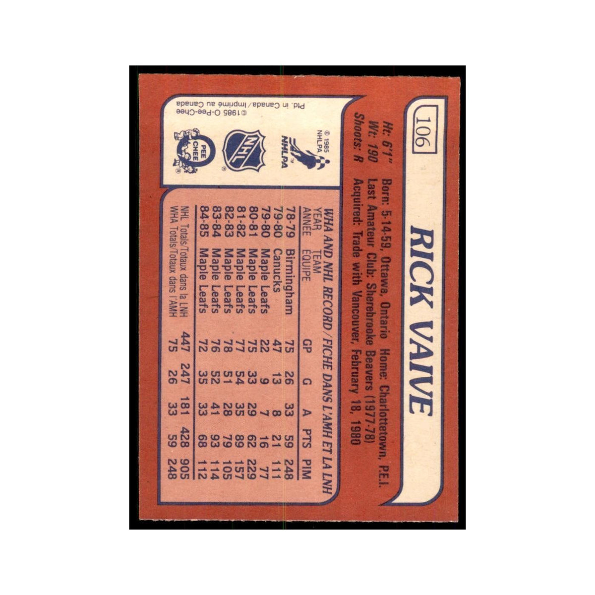 Rick Vaive 1985 O-Pee-Chee #106 Toronto Maple Leafs Hockey Card NM