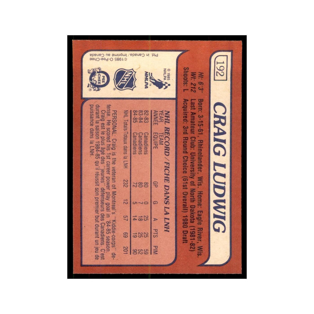 Craig Ludwig 1985 O-Pee-Chee #192 Montreal Canadiens Hockey Card NM