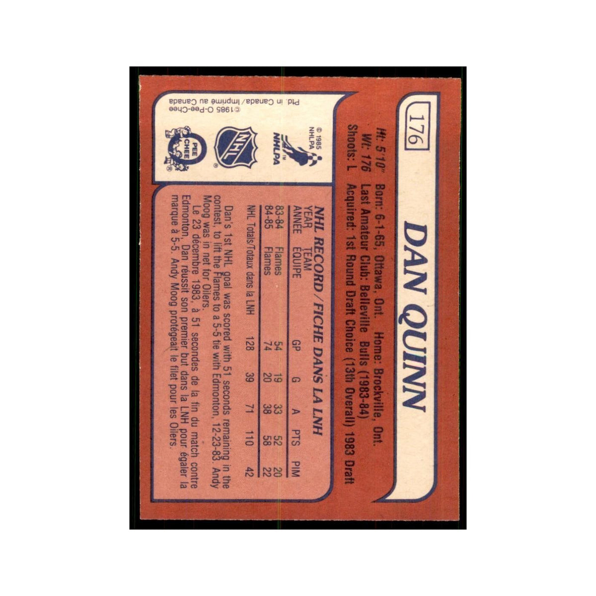 Dan Quinn 1985 O-Pee-Chee #176 Calgary Flames Hockey Card NM