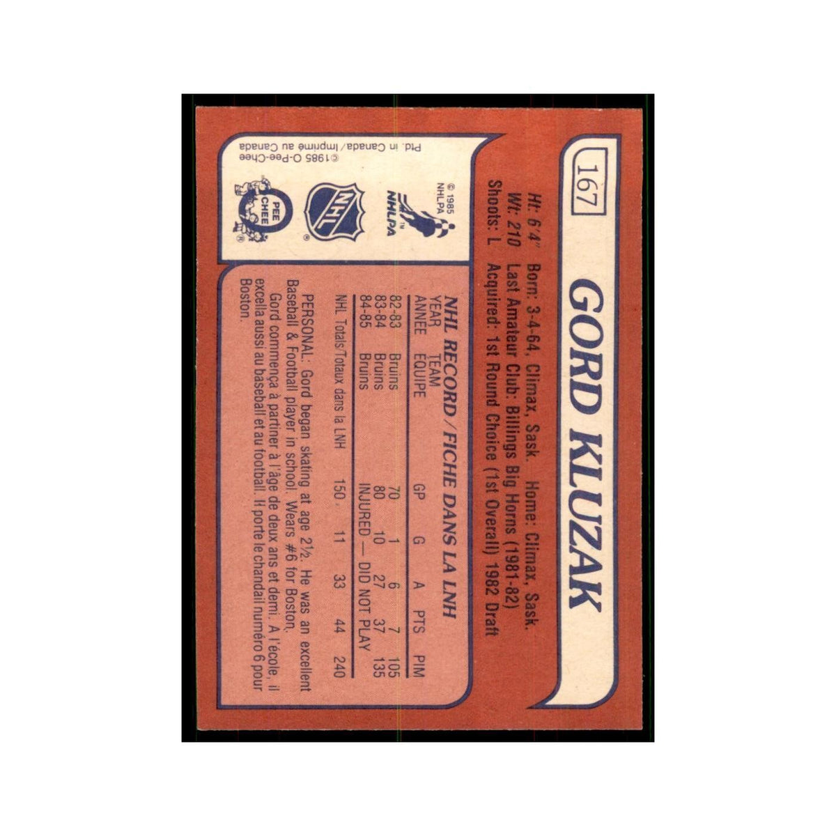 Gord Kluzak 1985 O-Pee-Chee #167 Boston Bruins Hockey Card NM