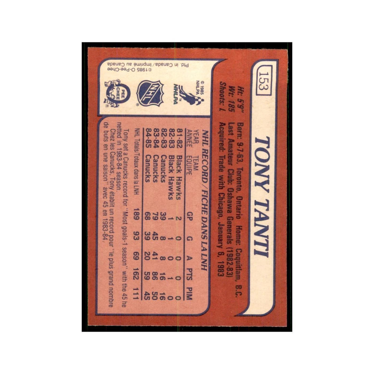 Tony Tanti 1985 O-Pee-Chee #153 Vancouver Canucks Hockey Card NM