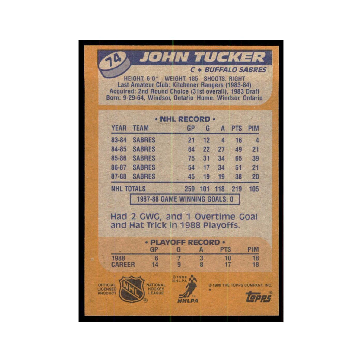 John Tucker 1988 Topps #74 Buffalo Sabres Hockey Card NM
