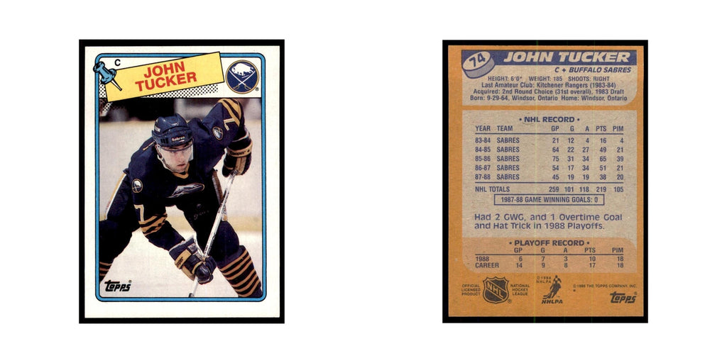 John Tucker 1988 Topps #74 Buffalo Sabres Hockey Card NM
