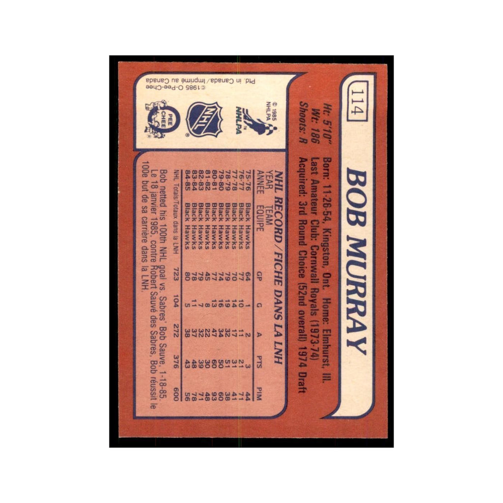 Bob Murray 1985 O-Pee-Chee #114 Chicago Blackhawks Hockey Card NM