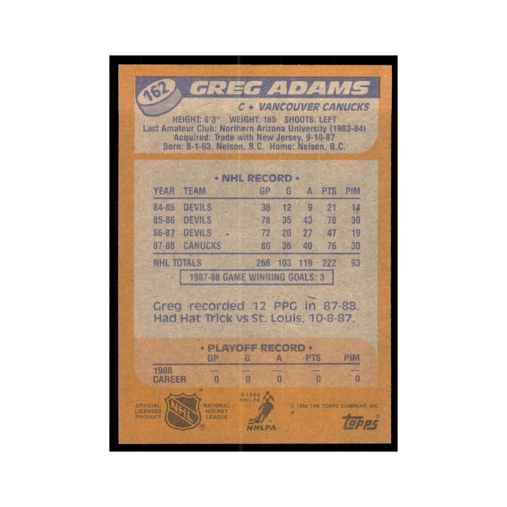 Greg Adams 1988 Topps #162 Vancouver Canucks Hockey Card NM