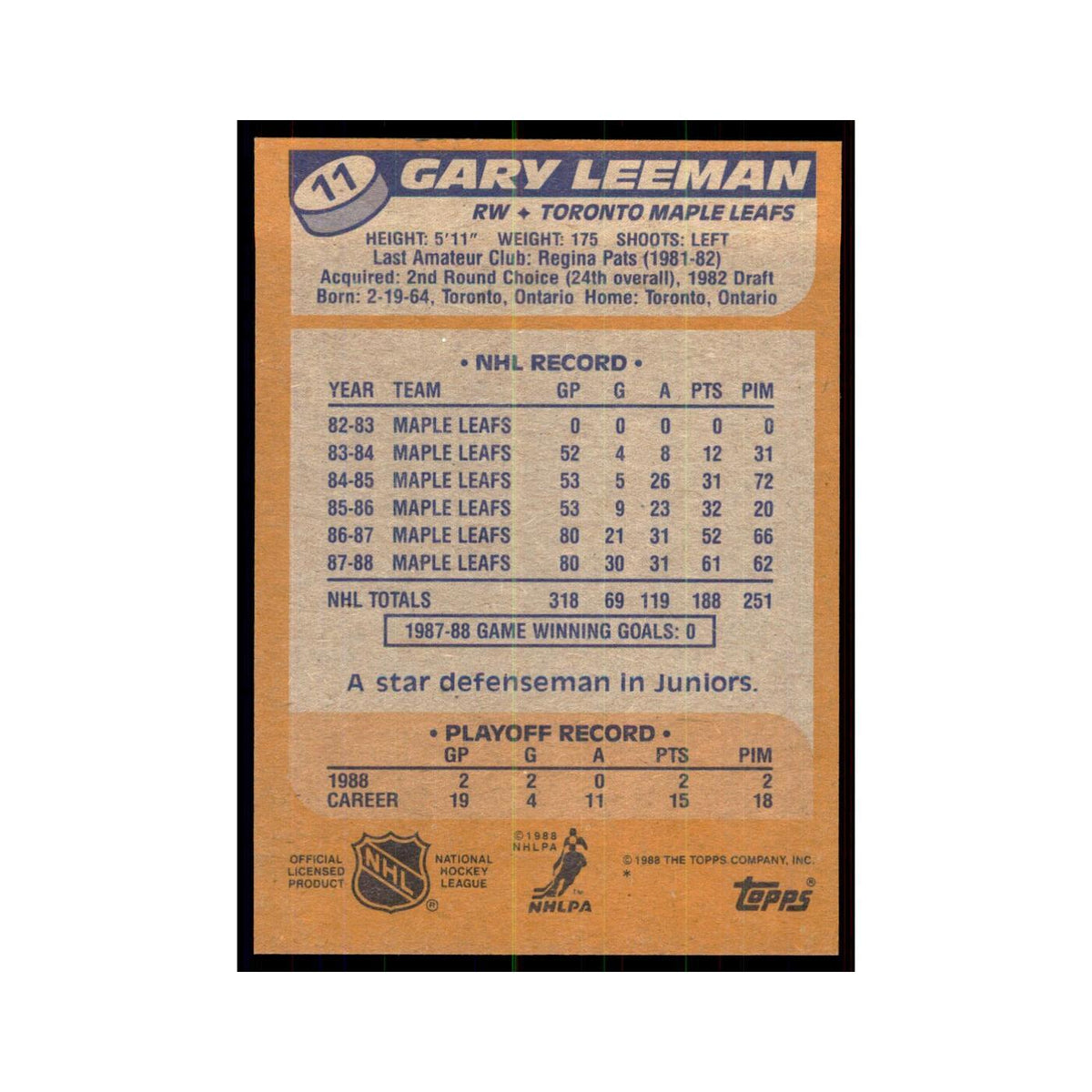 Gary Leeman 1988 Topps #11 Toronto Maple Leafs Hockey Card NM