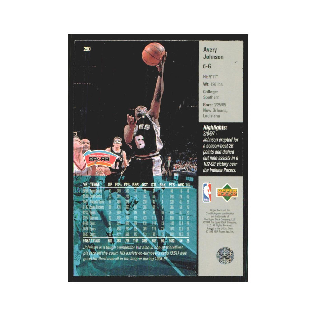 Avery Johnson 1997 Upper Deck #290 San Antonio Spurs Basketball Card NM