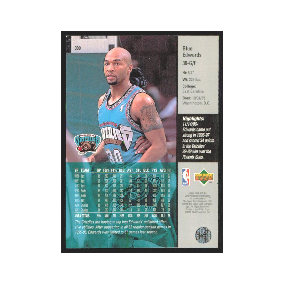 Blue Edwards 1997 Upper Deck #309 Vancouver Grizzlies Basketball Card NM