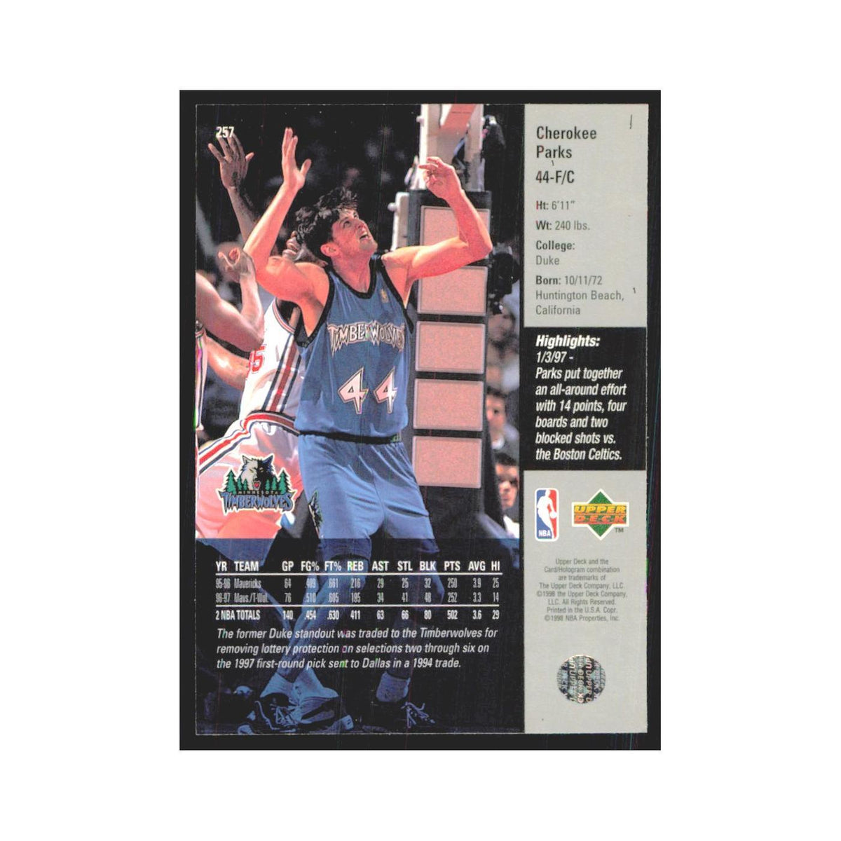 Cherokee Parks 1997 Upper Deck #257 Minnesota Timberwolves Basketball Card NM