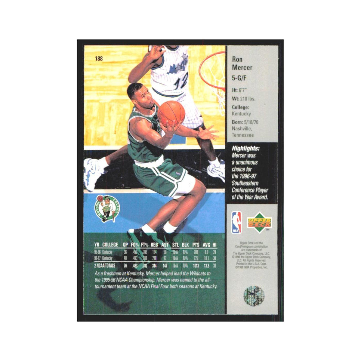 Ron Mercer 1997 Upper Deck #188 Boston Celtics Basketball Card NM