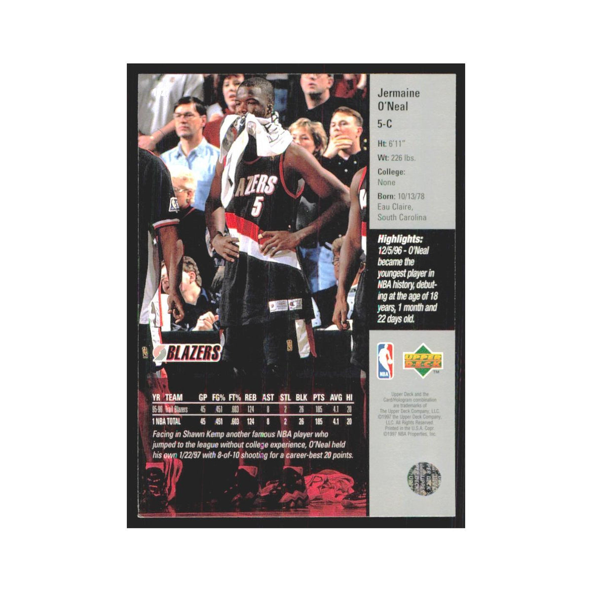 Jermaine O'Neal 1997 Upper Deck #5 Portland Trail Blazers Basketball Card NM