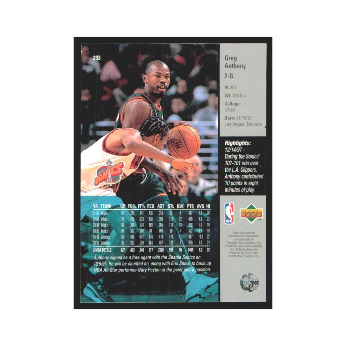 Greg Anthony 1997 Upper Deck #293 Seattle SuperSonics Basketball Card NM