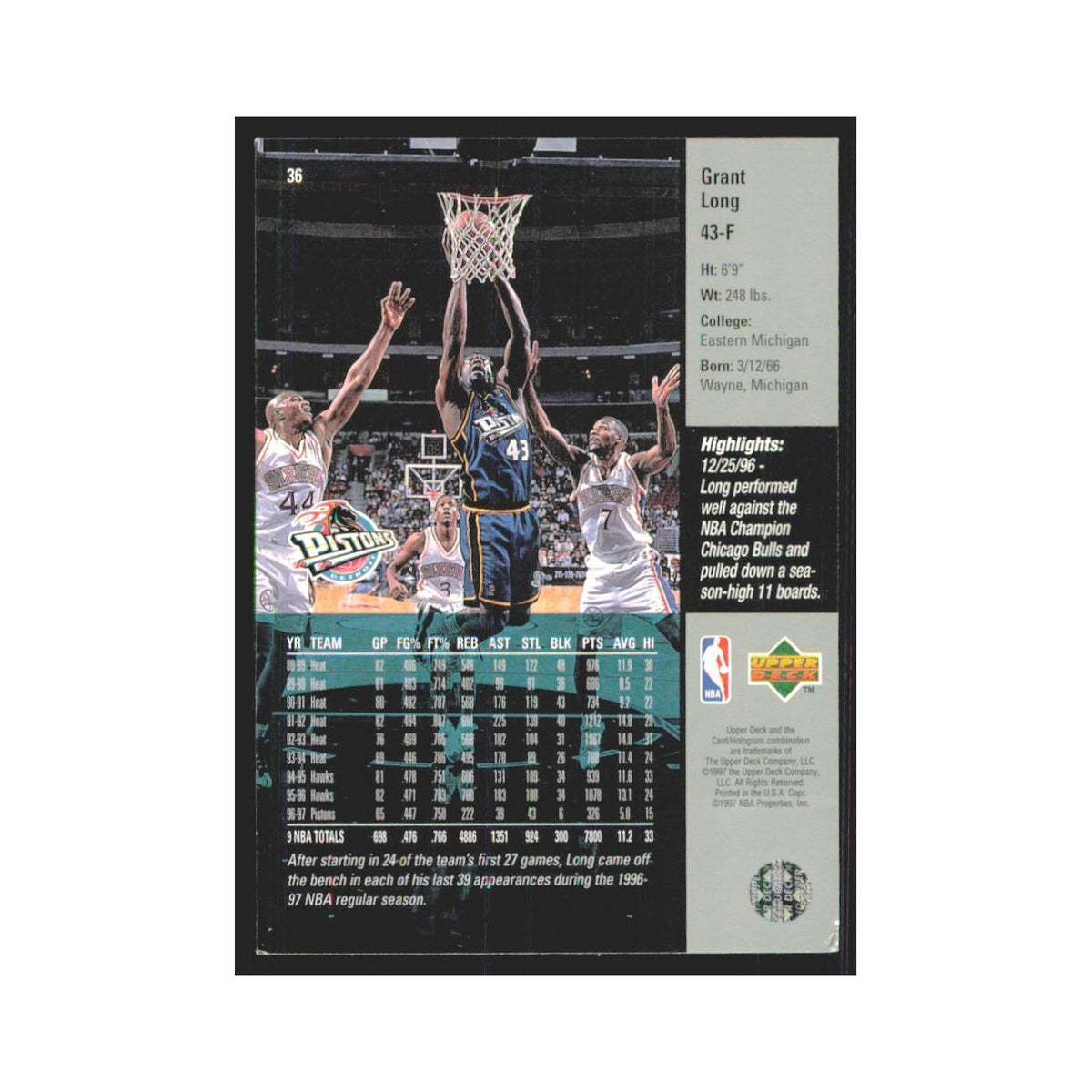 Grant Long 1997 Upper Deck #36 Detroit Pistons Basketball Card NM
