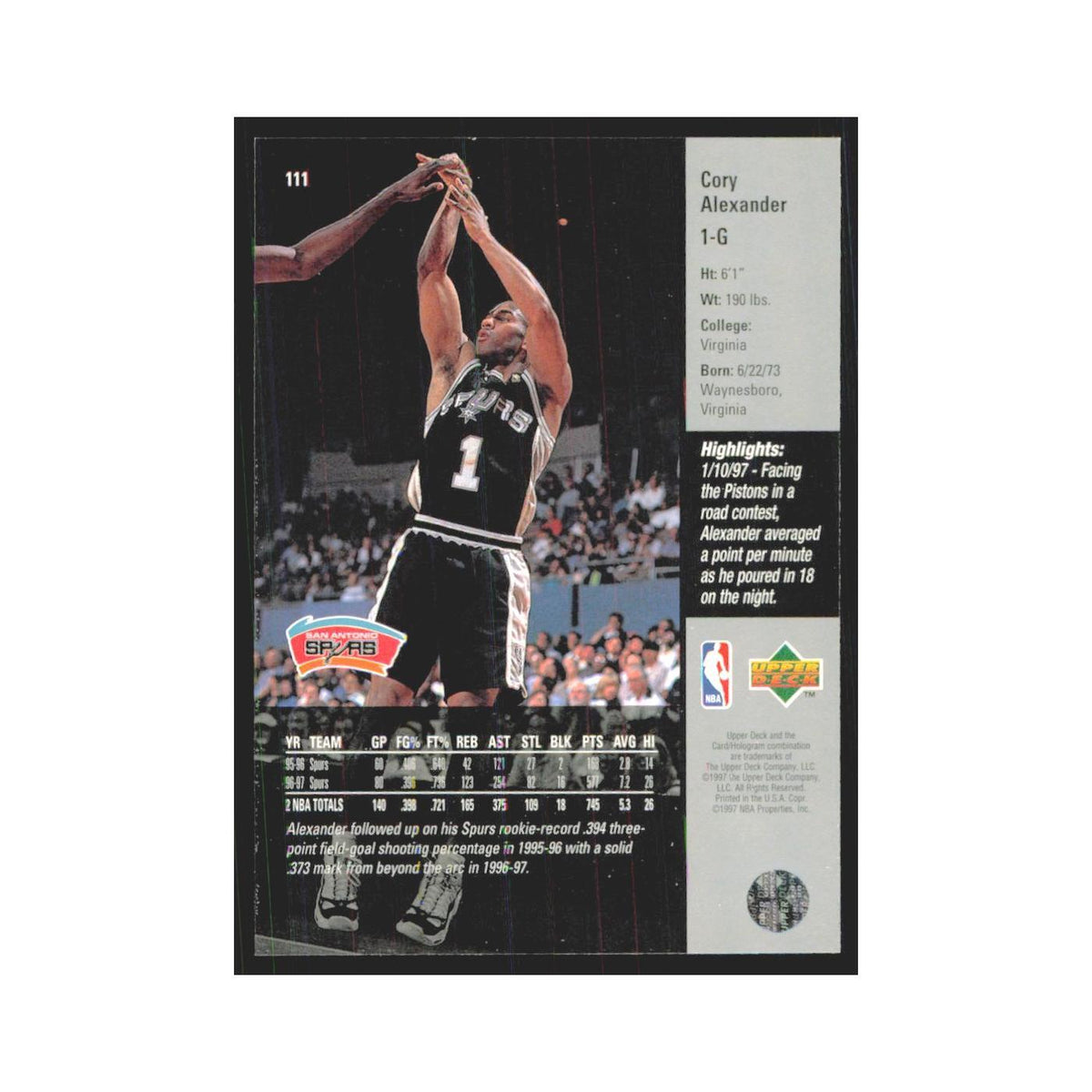 Cory Alexander 1997 Upper Deck #111 San Antonio Spurs Basketball Card NM