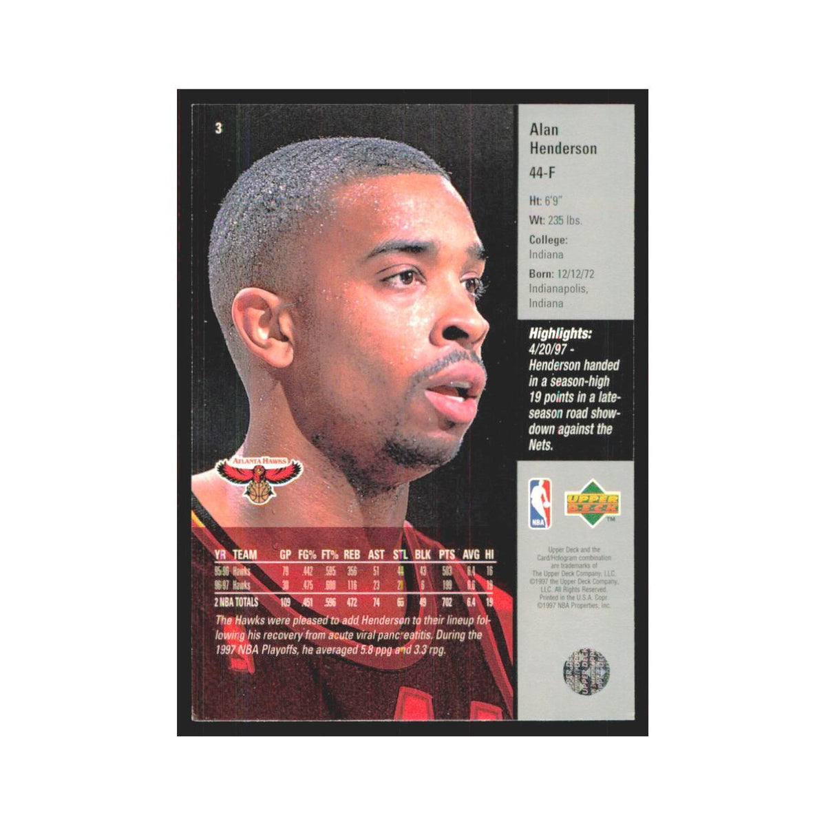 Alan Henderson 1997 Upper Deck #3 Atlanta Hawks Basketball Card NM