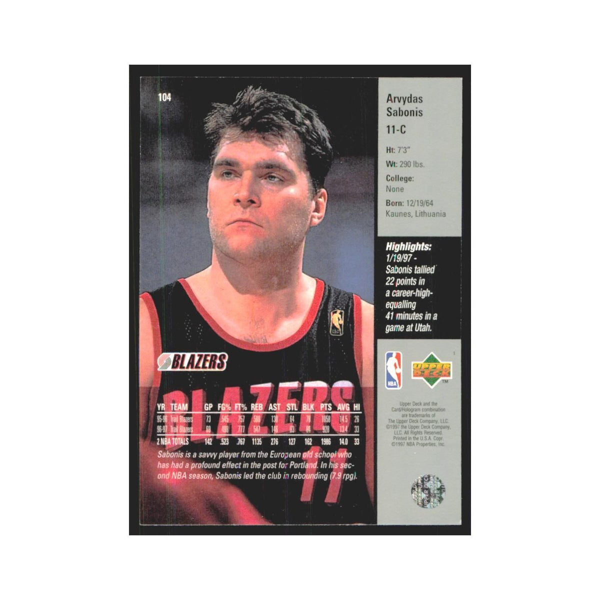 Arvydas Sabonis 1997 Upper Deck #104 Portland Trail Blazers Basketball Card NM