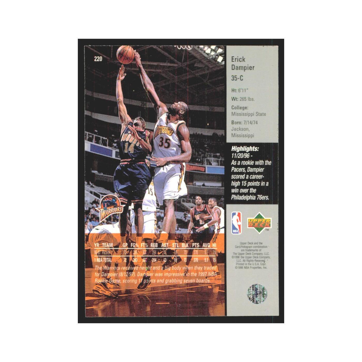 Erick Dampier 1997 Upper Deck #220 Golden State Warriors Basketball Card NM