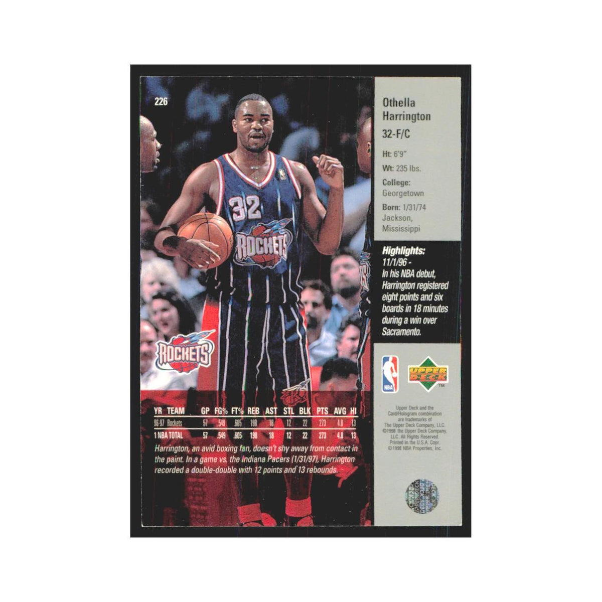 Othella Harrington 1997 Upper Deck #226 Houston Rockets Basketball Card NM